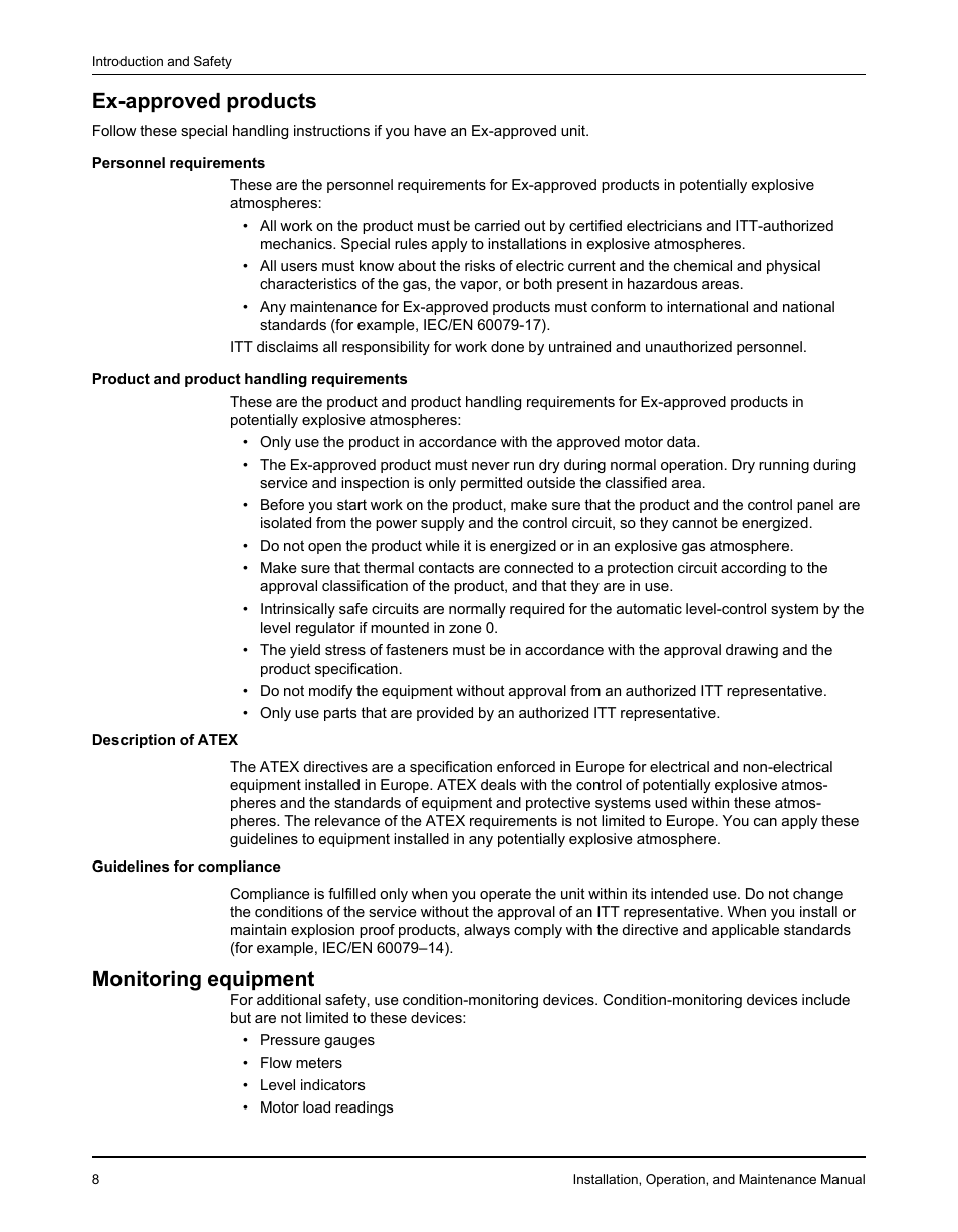 Ex-approved products, Monitoring equipment, Ex-approved products monitoring equipment | Goulds Pumps 3610 - IOM User Manual | Page 10 / 98