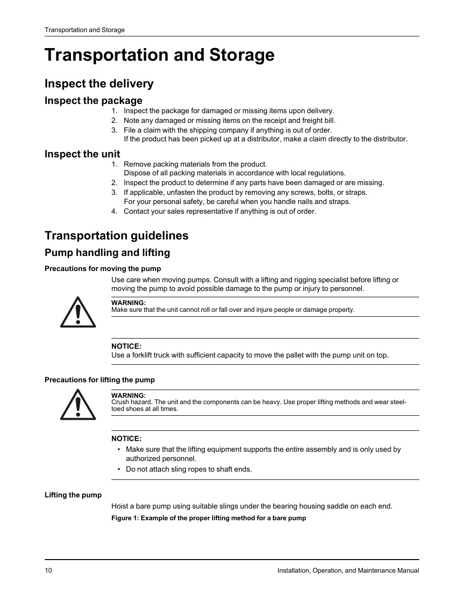 Transportation and storage, Inspect the delivery, Inspect the package | Inspect the unit, Transportation guidelines, Pump handling and lifting, Inspect the package inspect the unit | Goulds Pumps 3610 - IOM User Manual | Page 12 / 98