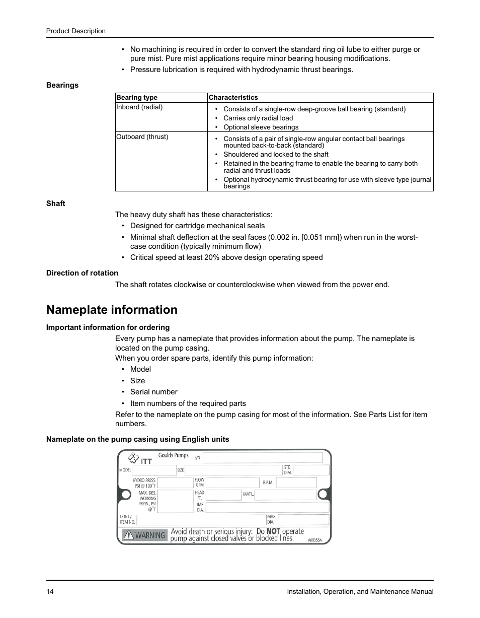 Nameplate information | Goulds Pumps 3610 - IOM User Manual | Page 16 / 98