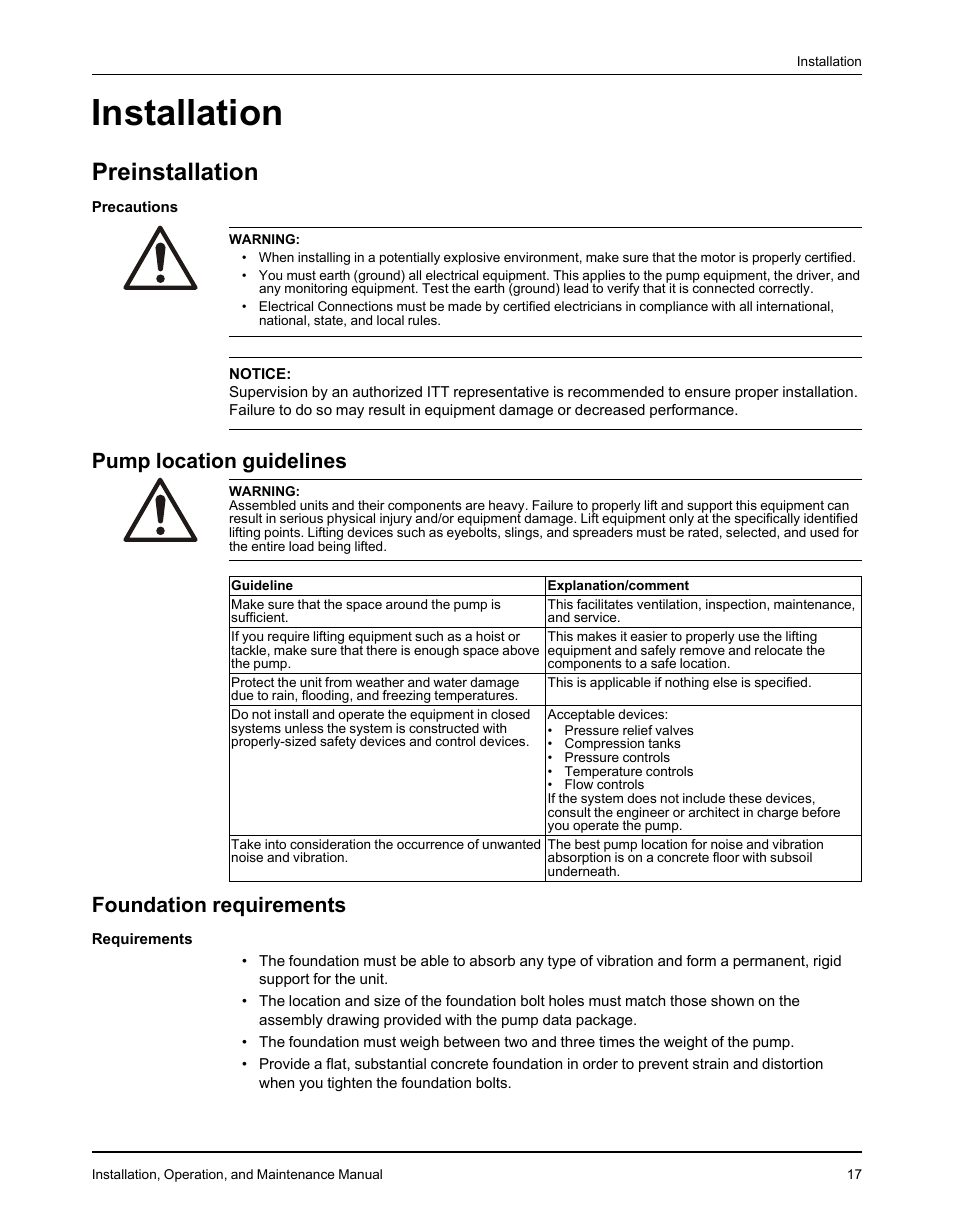 Installation, Preinstallation, Pump location guidelines | Foundation requirements, Pump location guidelines foundation requirements | Goulds Pumps 3610 - IOM User Manual | Page 19 / 98