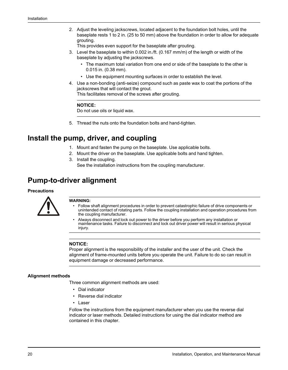 Install the pump, driver, and coupling, Pump-to-driver alignment | Goulds Pumps 3610 - IOM User Manual | Page 22 / 98