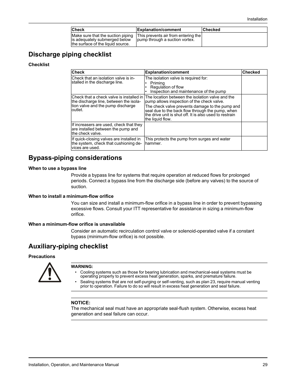 Discharge piping checklist, Bypass-piping considerations, Auxiliary-piping checklist | Goulds Pumps 3610 - IOM User Manual | Page 31 / 98