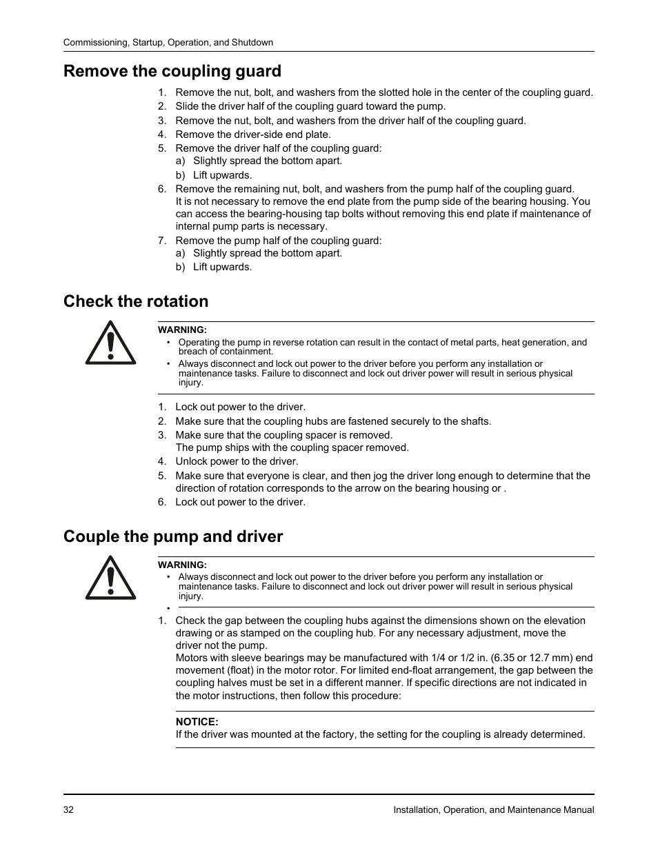 Remove the coupling guard, Check the rotation, Couple the pump and driver | Goulds Pumps 3610 - IOM User Manual | Page 34 / 98