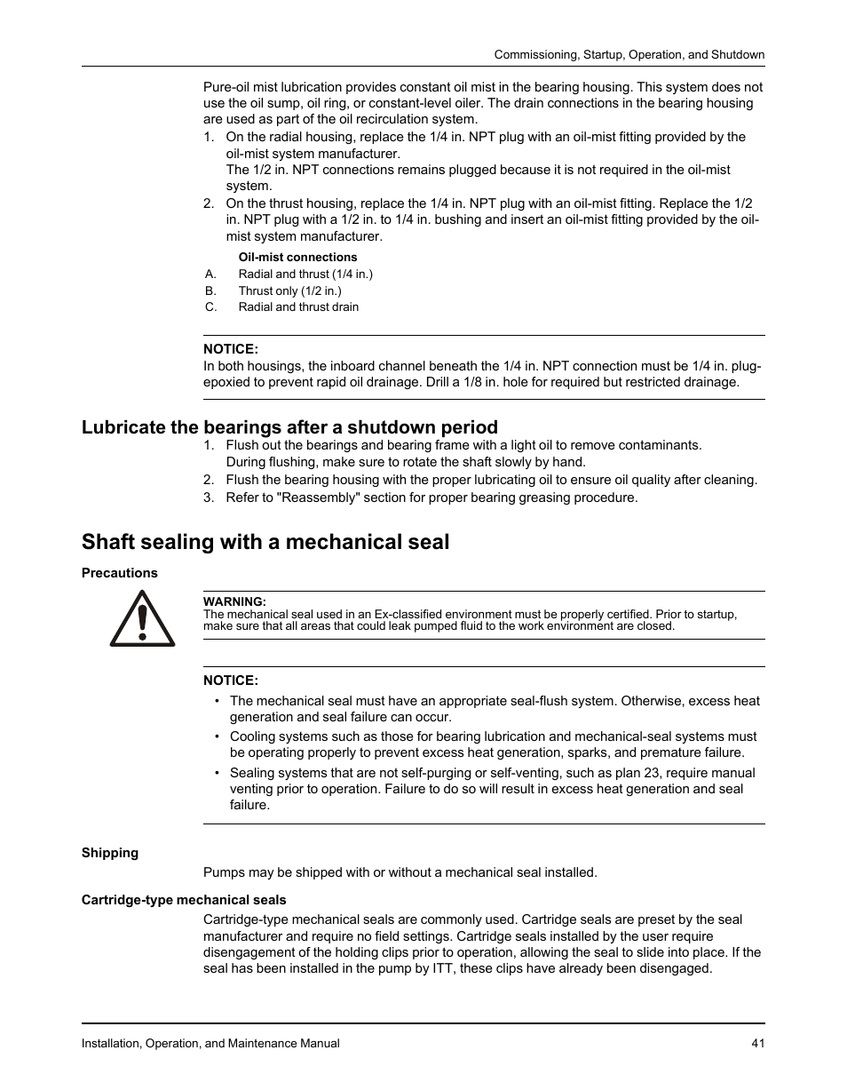 Lubricate the bearings after a shutdown period, Shaft sealing with a mechanical seal | Goulds Pumps 3610 - IOM User Manual | Page 43 / 98