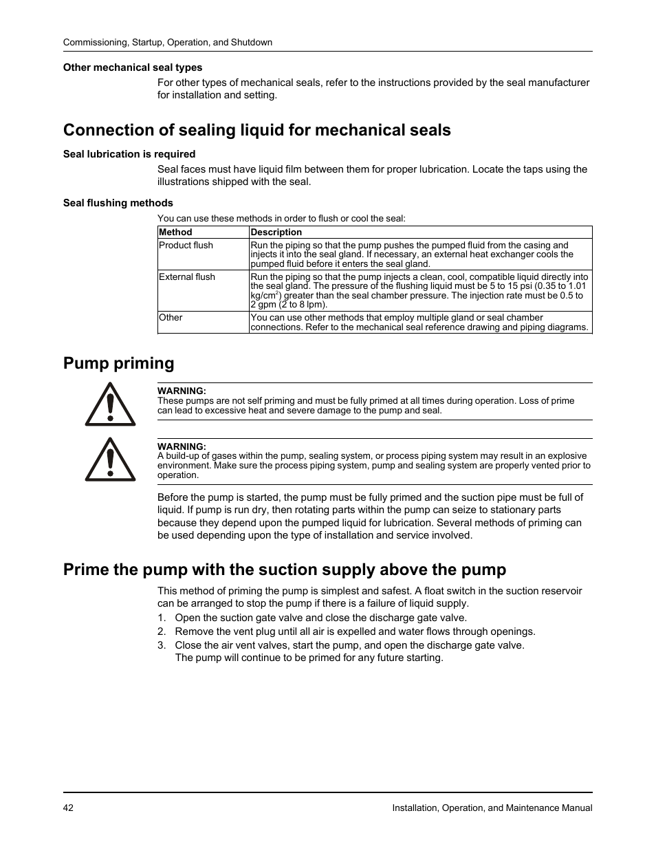 Connection of sealing liquid for mechanical seals, Pump priming | Goulds Pumps 3610 - IOM User Manual | Page 44 / 98