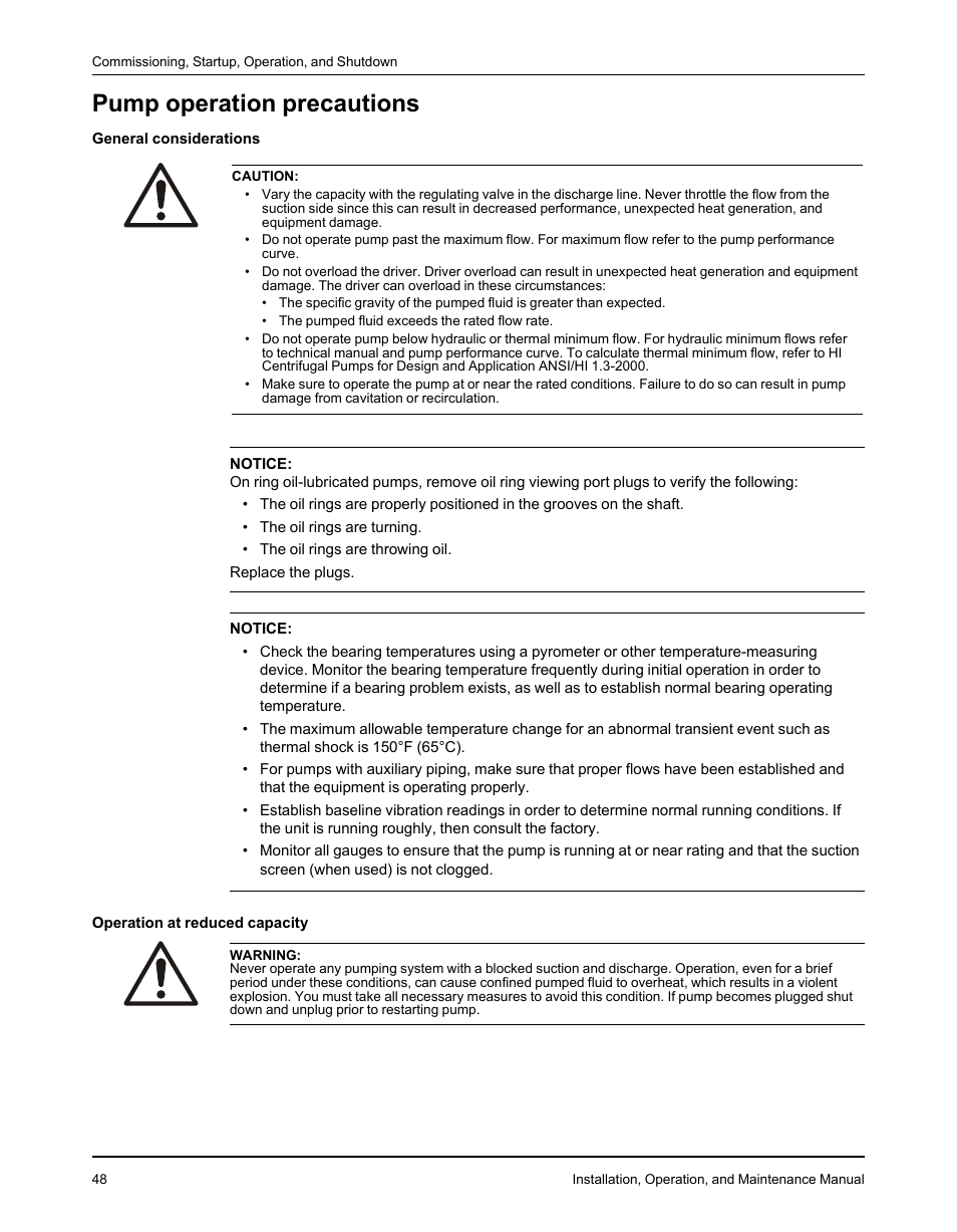 Pump operation precautions | Goulds Pumps 3610 - IOM User Manual | Page 50 / 98