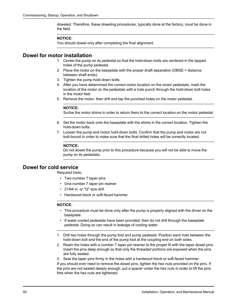 Dowel for motor installation, Dowel for cold service | Goulds Pumps 3610 - IOM User Manual | Page 52 / 98