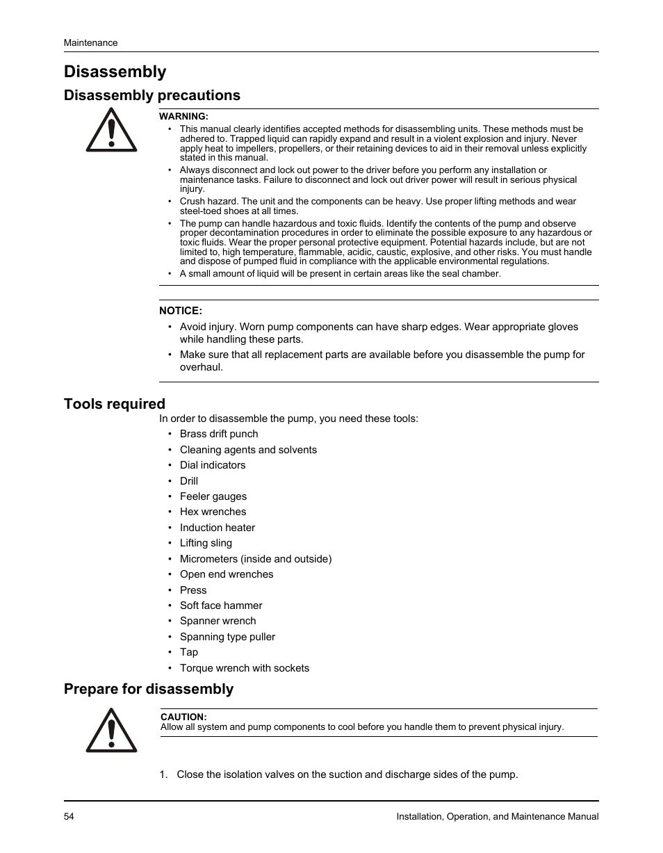 Disassembly, Disassembly precautions, Tools required | Prepare for disassembly | Goulds Pumps 3610 - IOM User Manual | Page 56 / 98