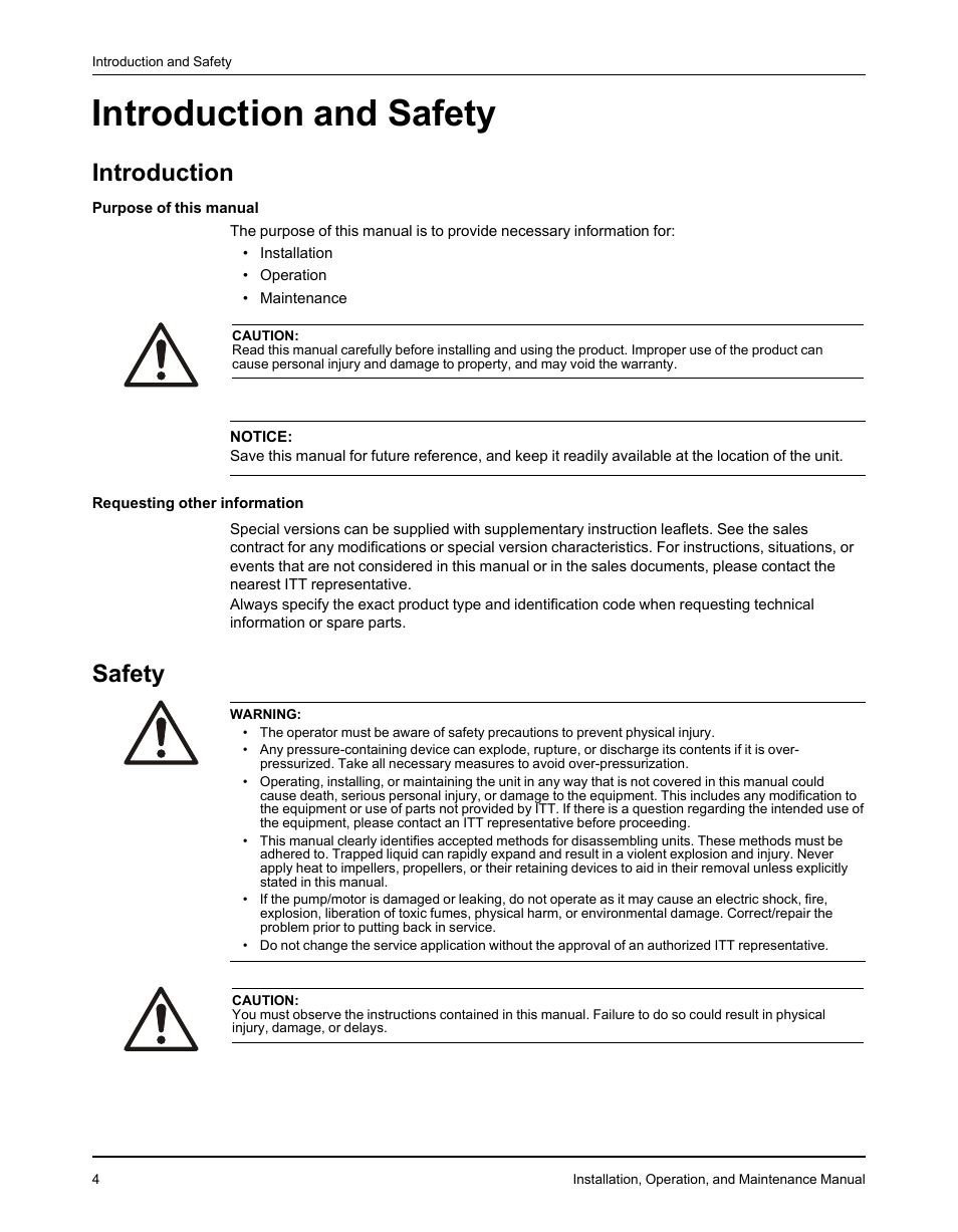 Introduction and safety, Introduction, Safety | Introduction safety | Goulds Pumps 3610 - IOM User Manual | Page 6 / 98