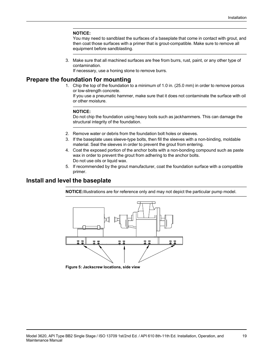 Prepare the foundation for mounting, Install and level the baseplate | Goulds Pumps 3620 - IOM User Manual | Page 21 / 98