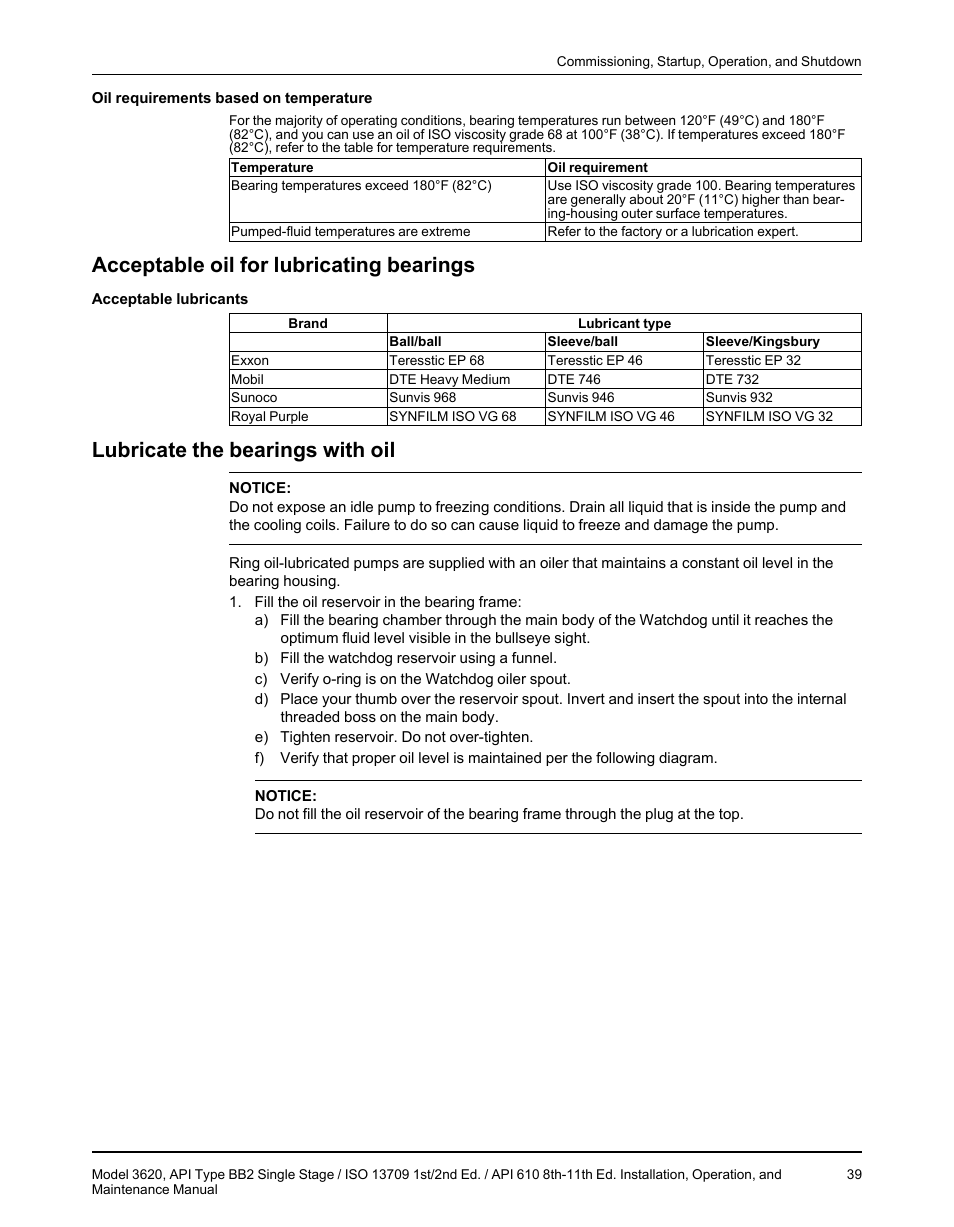 Acceptable oil for lubricating bearings, Lubricate the bearings with oil | Goulds Pumps 3620 - IOM User Manual | Page 41 / 98