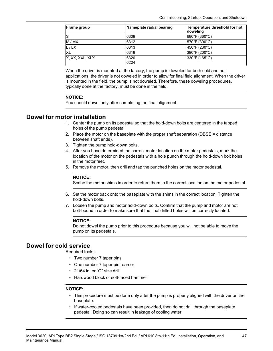 Dowel for motor installation, Dowel for cold service | Goulds Pumps 3620 - IOM User Manual | Page 49 / 98