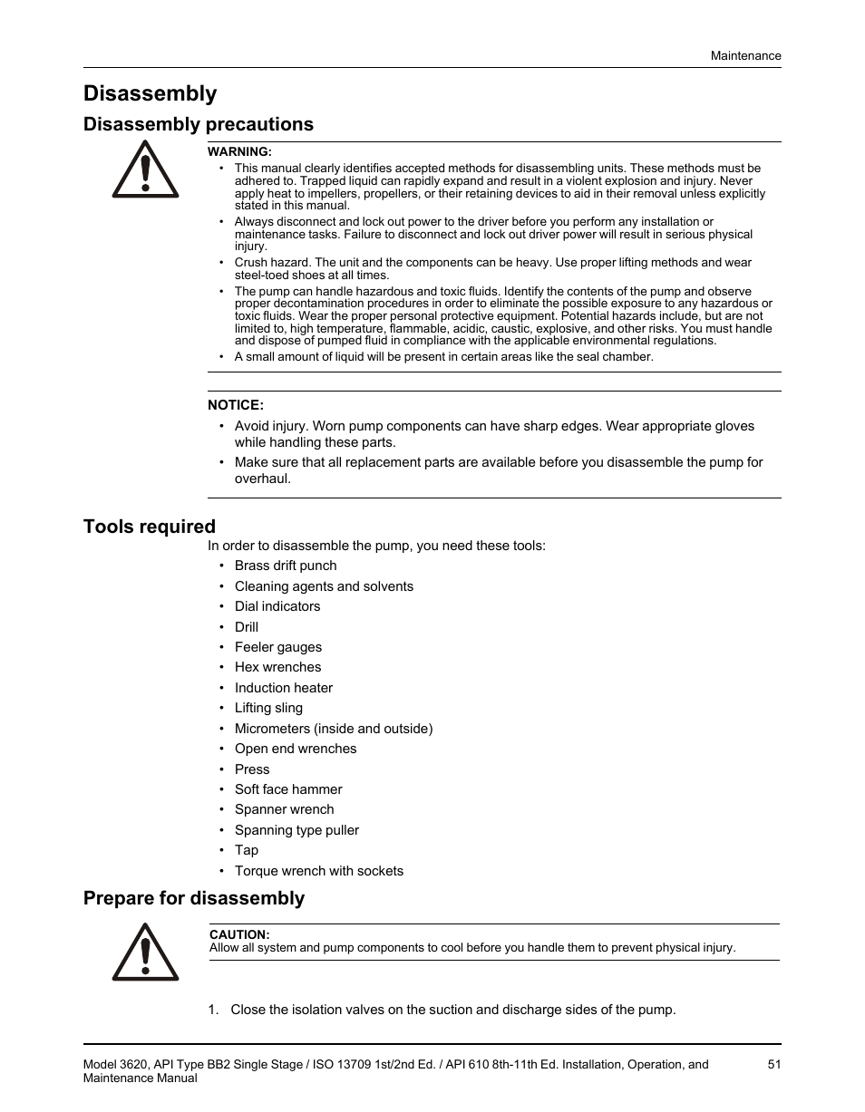 Disassembly, Disassembly precautions, Tools required | Prepare for disassembly | Goulds Pumps 3620 - IOM User Manual | Page 53 / 98