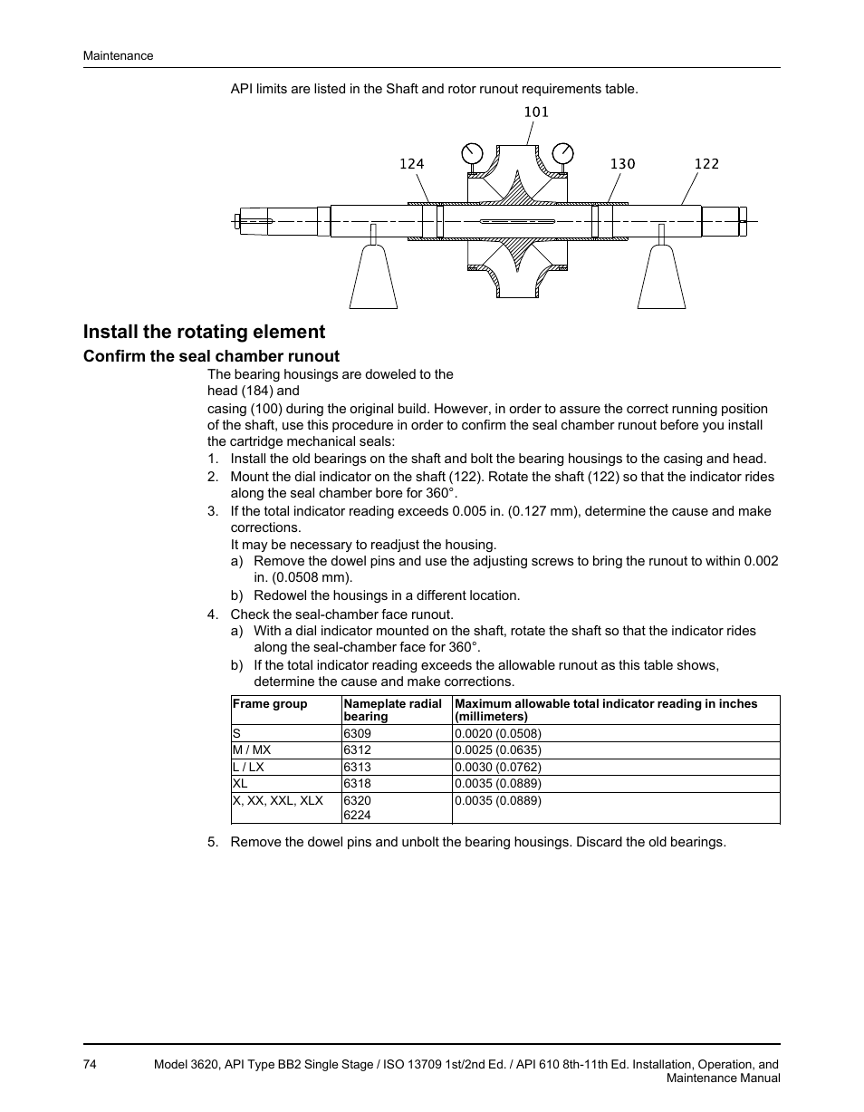 Install the rotating element, Confirm the seal chamber runout | Goulds Pumps 3620 - IOM User Manual | Page 76 / 98