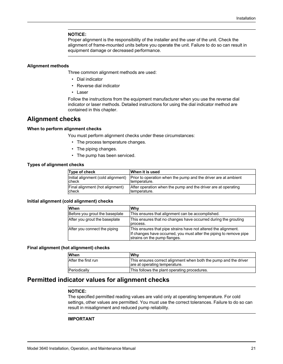 Alignment checks, Permitted indicator values for alignment checks | Goulds Pumps 3640 - IOM User Manual | Page 23 / 98