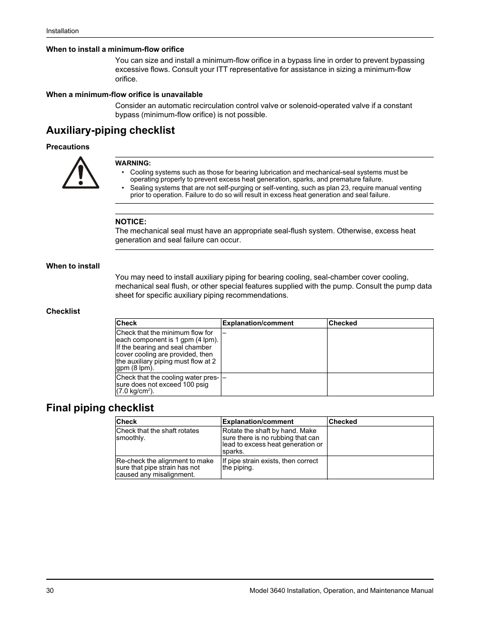Auxiliary-piping checklist, Final piping checklist, Auxiliary-piping checklist final piping checklist | Goulds Pumps 3640 - IOM User Manual | Page 32 / 98
