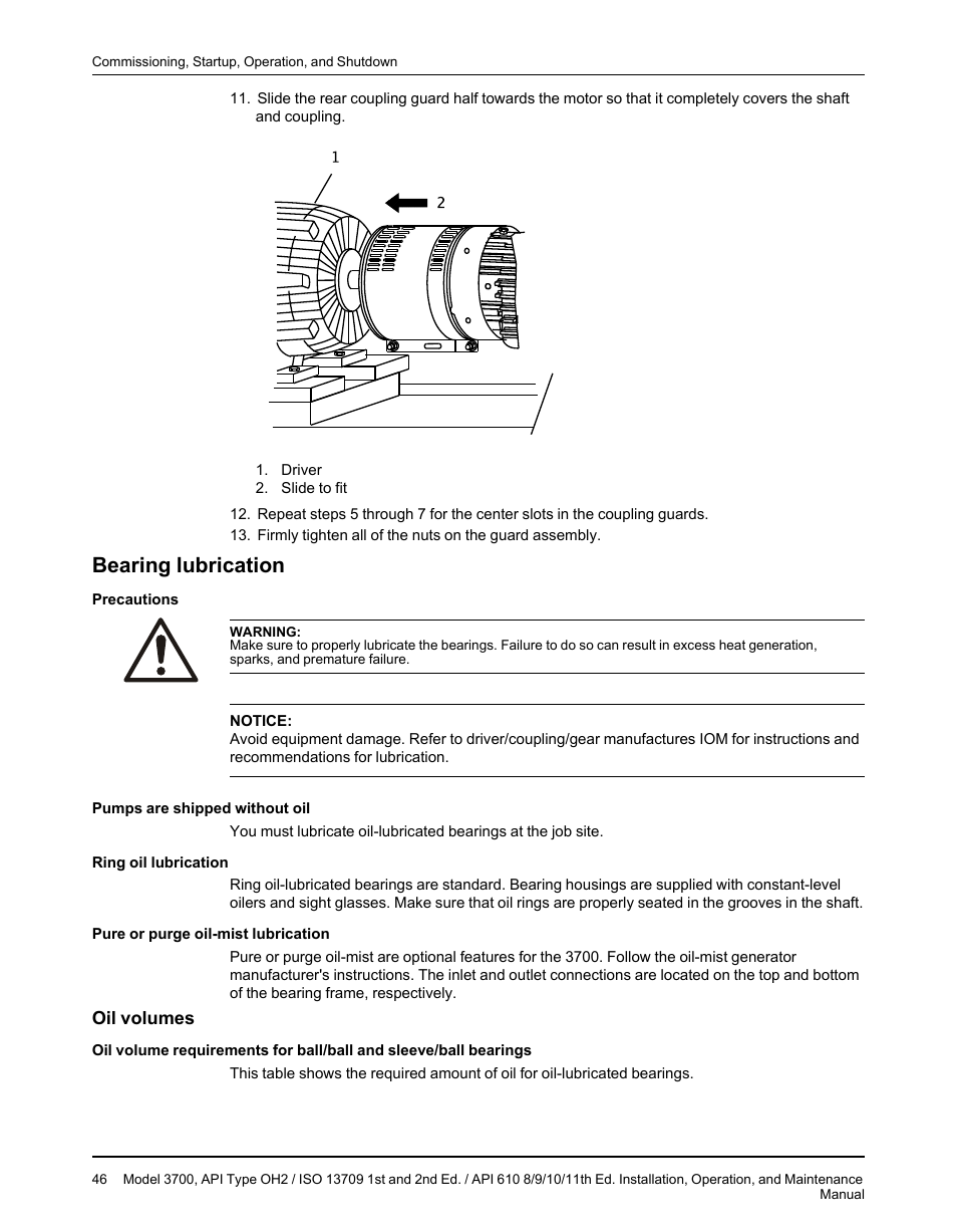 Bearing lubrication, Oil volumes | Goulds Pumps 3700 - IOM User Manual | Page 48 / 110