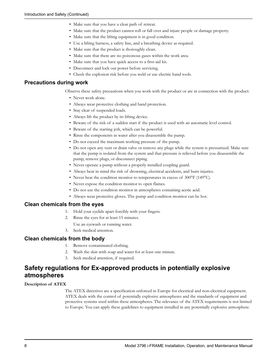 Precautions during work, Clean chemicals from the eyes, Clean chemicals from the body | Goulds Pumps 3796 i-FRAME - IOM User Manual | Page 10 / 134