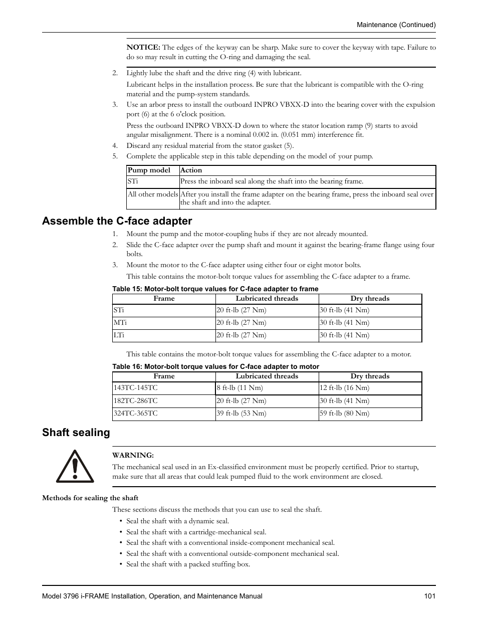 Assemble the c-face adapter, Shaft sealing, Assemble the c-face adapter shaft sealing | Goulds Pumps 3796 i-FRAME - IOM User Manual | Page 103 / 134