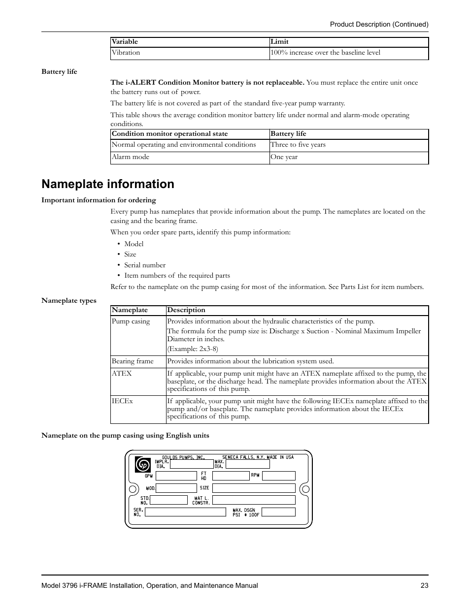 Nameplate information | Goulds Pumps 3796 i-FRAME - IOM User Manual | Page 25 / 134