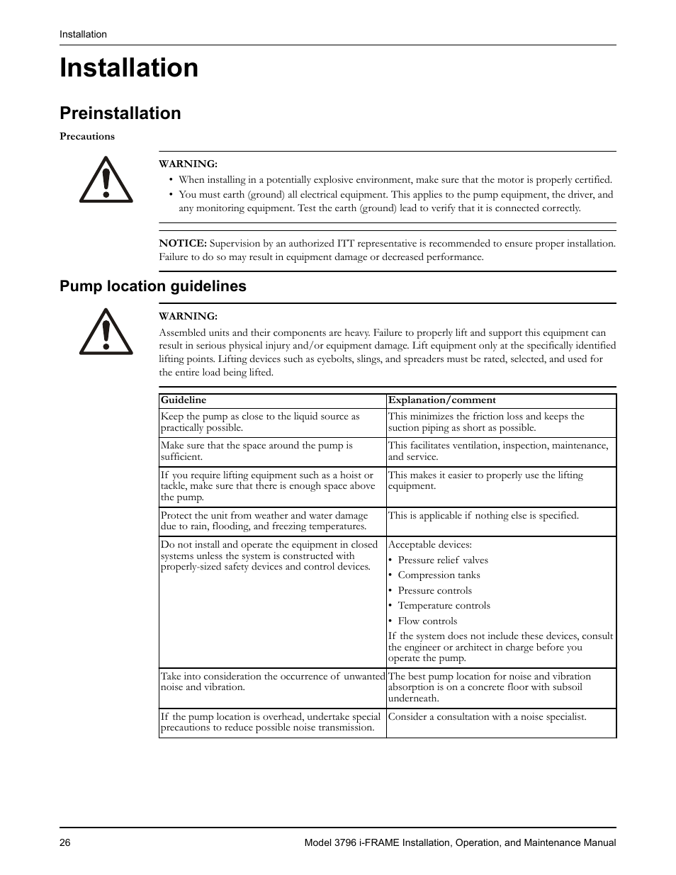 Installation, Preinstallation, Pump location guidelines | Goulds Pumps 3796 i-FRAME - IOM User Manual | Page 28 / 134