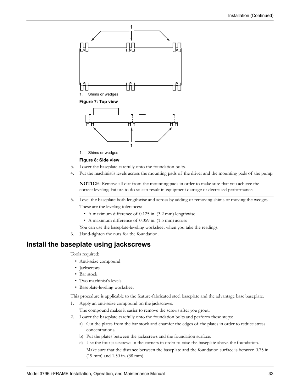 Install the baseplate using jackscrews | Goulds Pumps 3796 i-FRAME - IOM User Manual | Page 35 / 134