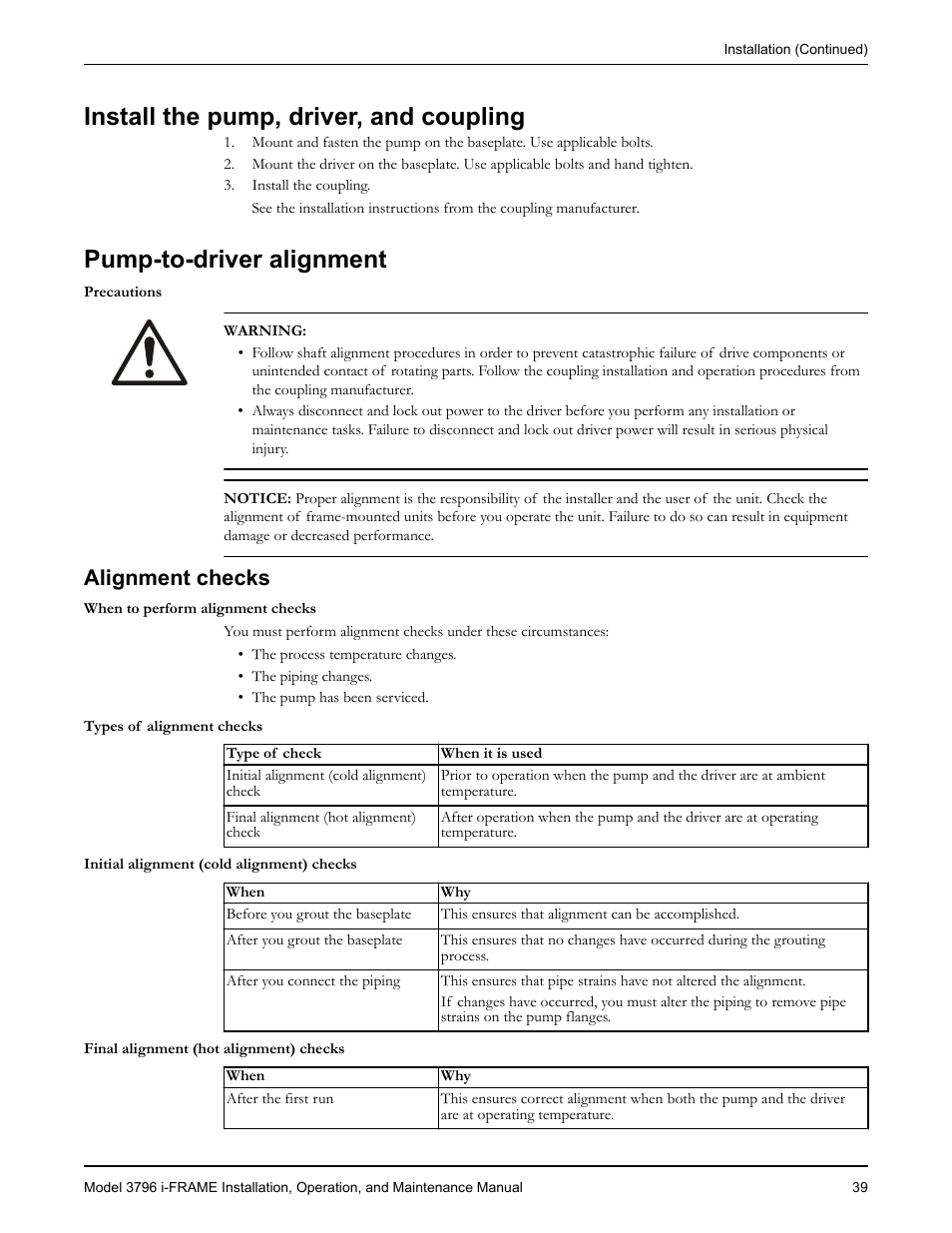 Install the pump, driver, and coupling, Pump-to-driver alignment, Alignment checks | Goulds Pumps 3796 i-FRAME - IOM User Manual | Page 41 / 134
