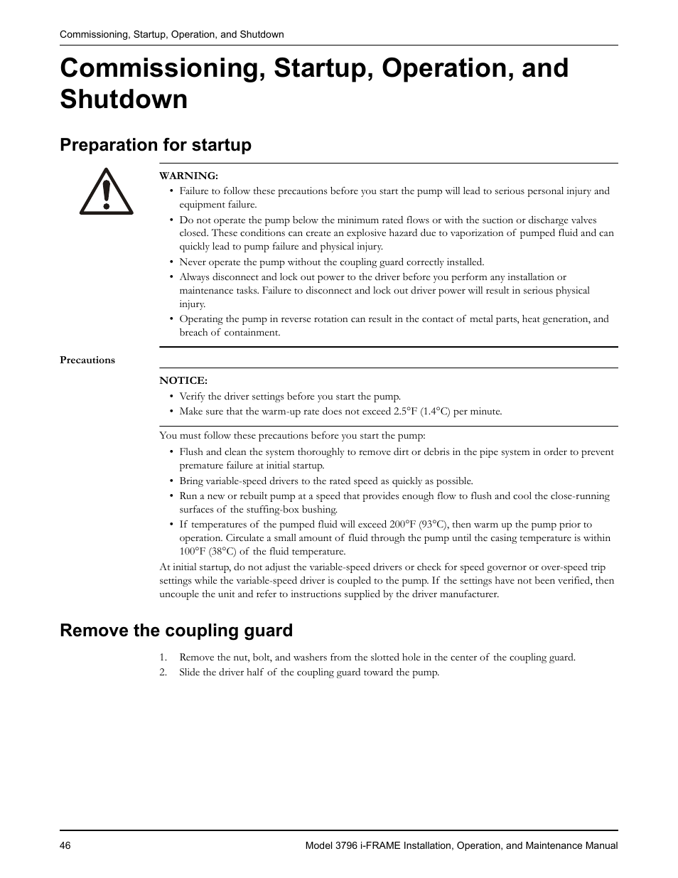 Commissioning, startup, operation, and shutdown, Preparation for startup, Remove the coupling guard | Paration for startup, Emove the coupling guard | Goulds Pumps 3796 i-FRAME - IOM User Manual | Page 48 / 134