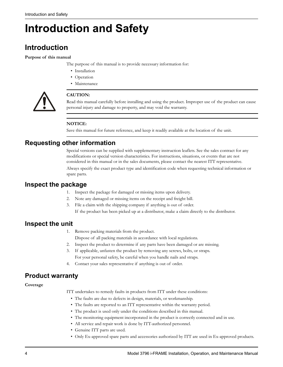 Introduction and safety, Introduction, Requesting other information | Inspect the package, Inspect the unit, Product warranty | Goulds Pumps 3796 i-FRAME - IOM User Manual | Page 6 / 134