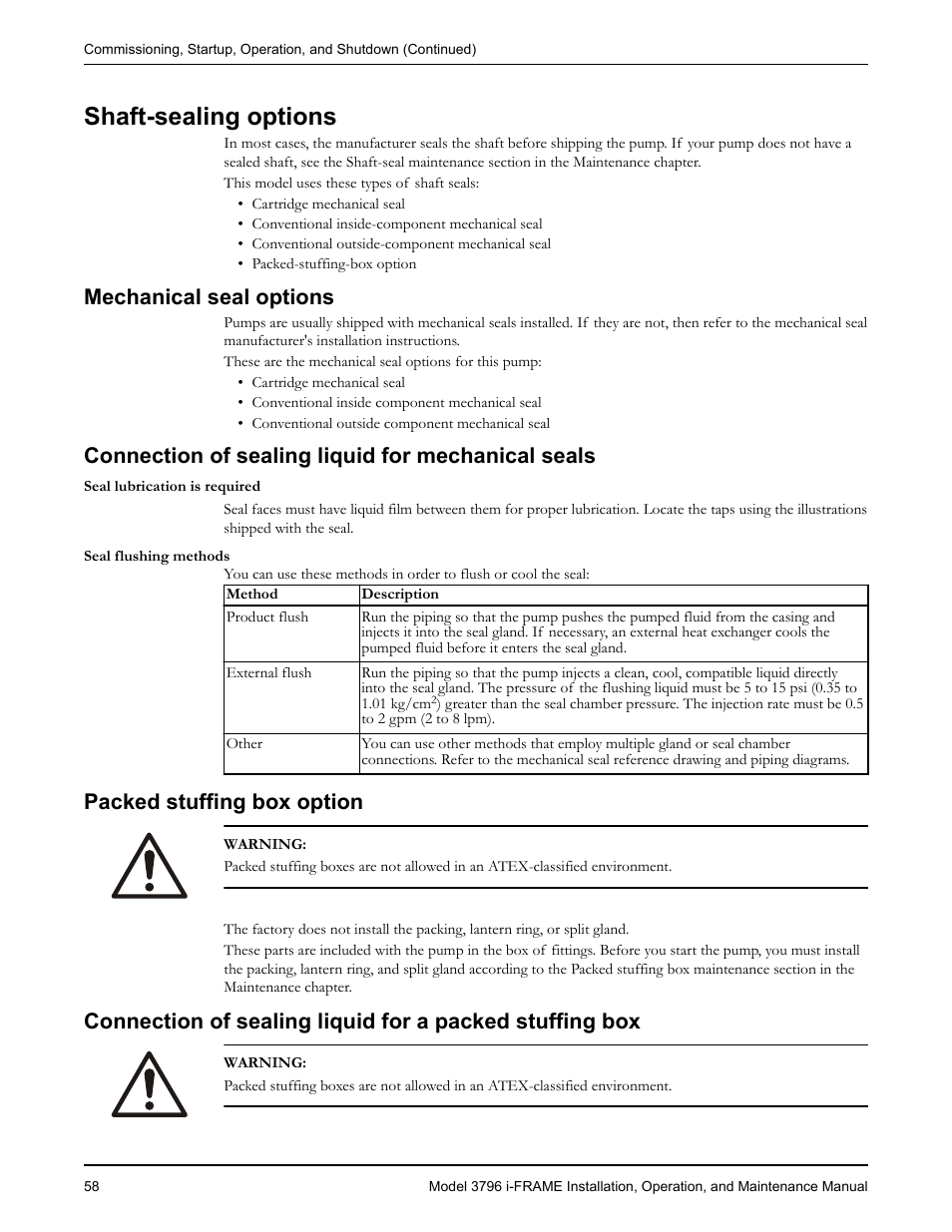 Shaft-sealing options, Mechanical seal options, Connection of sealing liquid for mechanical seals | Packed stuffing box option | Goulds Pumps 3796 i-FRAME - IOM User Manual | Page 60 / 134
