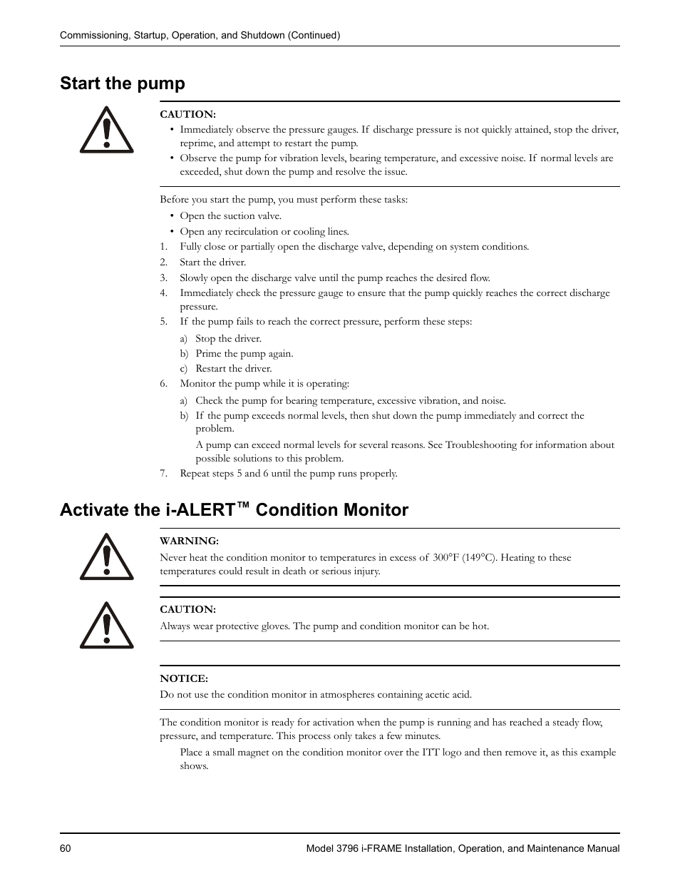 Start the pump, Activate the i-alert™ condition monitor, Start the pump activate the i-alert | Condition monitor, Activate the i-alert | Goulds Pumps 3796 i-FRAME - IOM User Manual | Page 62 / 134