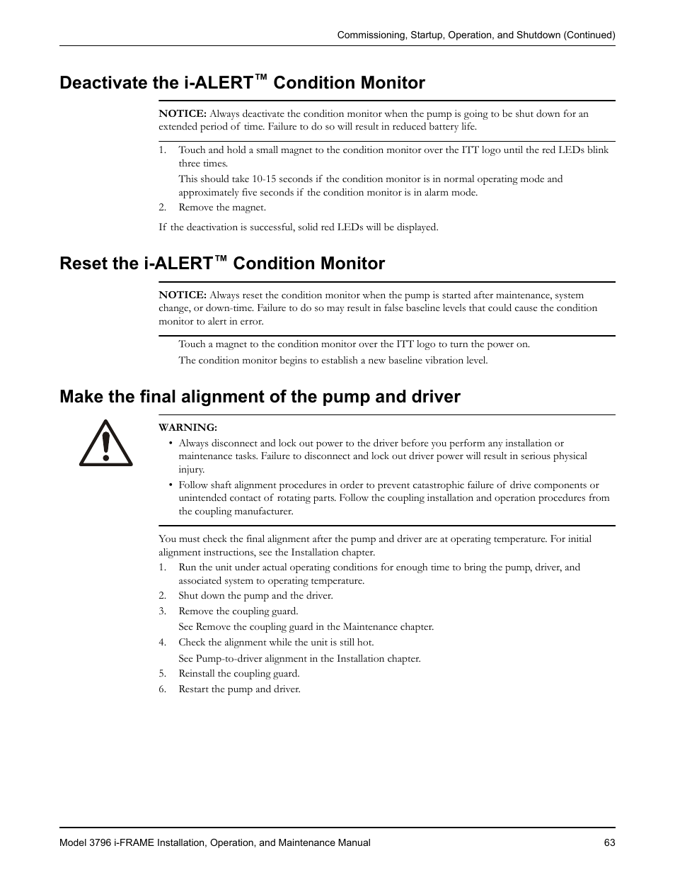 Deactivate the i-alert™ condition monitor, Reset the i-alert™ condition monitor, Make the final alignment of the pump and driver | Deactivate the i-alert, Condition monitor, Eset the i-alert, Reset the i-alert | Goulds Pumps 3796 i-FRAME - IOM User Manual | Page 65 / 134