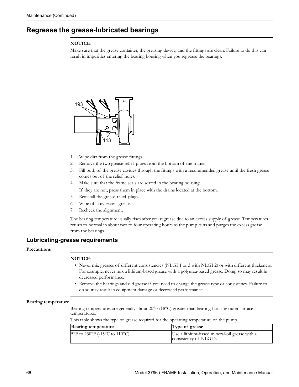 Regrease the grease-lubricated bearings, Lubricating-grease requirements, Egrease the grease-lubricated bearings | Goulds Pumps 3796 i-FRAME - IOM User Manual | Page 68 / 134