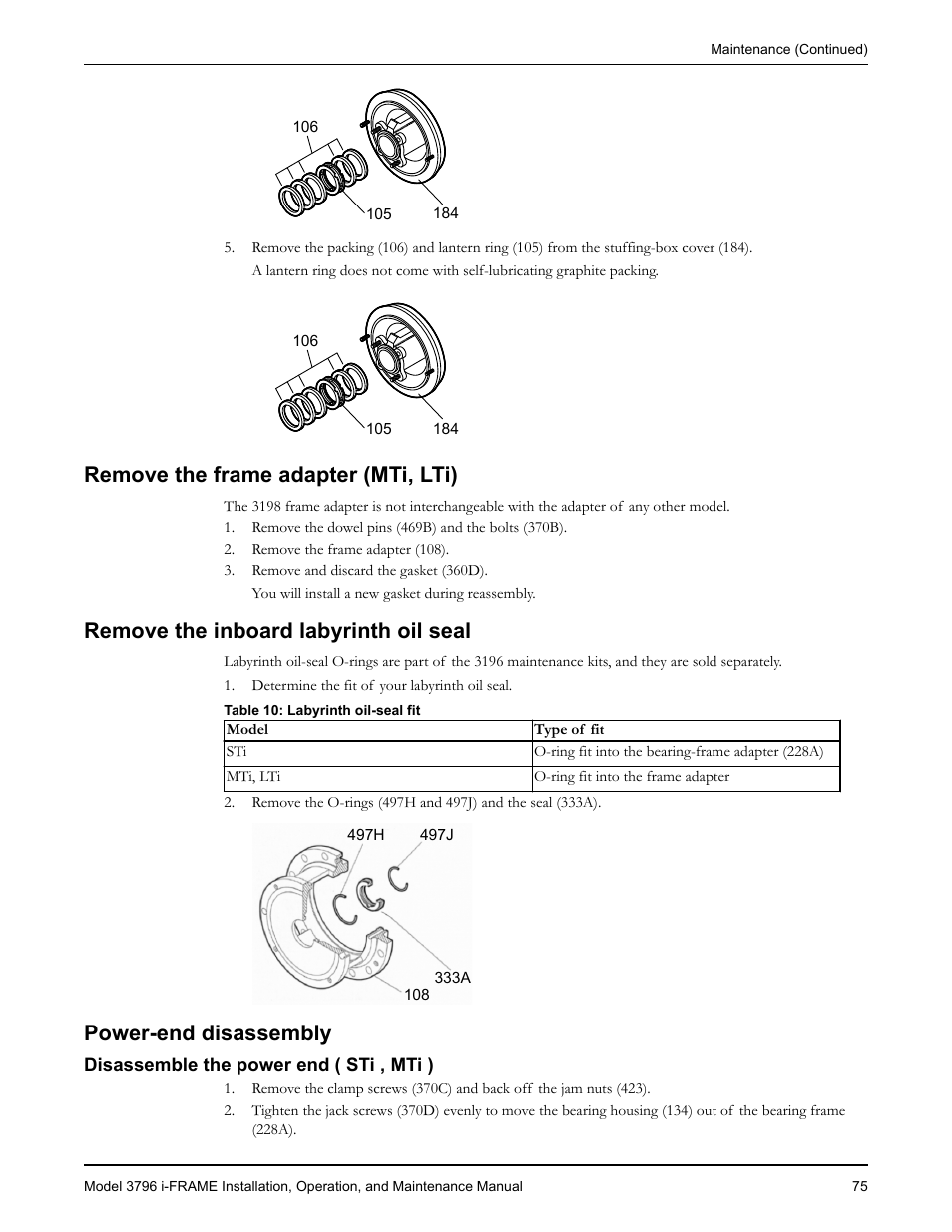 Remove the frame adapter (mti, lti), Remove the inboard labyrinth oil seal, Power-end disassembly | Disassemble the power end ( sti , mti ), Emove the frame adapter (mti, lti), Emove the inboard labyrinth oil seal, Wer-end disassembly | Goulds Pumps 3796 i-FRAME - IOM User Manual | Page 77 / 134