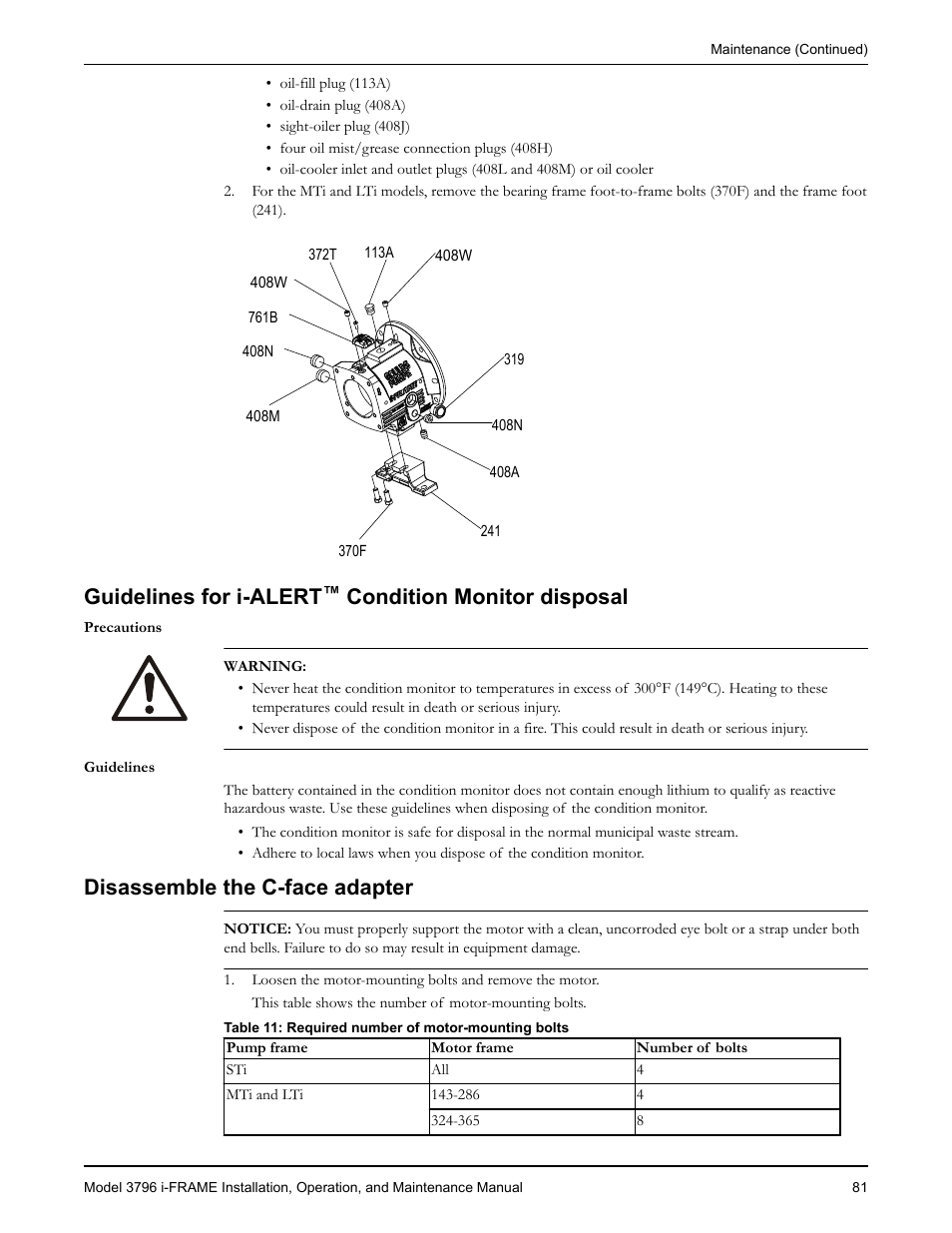 Guidelines for i-alert™ condition monitor disposal, Disassemble the c-face adapter, Guidelines for i-alert | Condition monitor disposal | Goulds Pumps 3796 i-FRAME - IOM User Manual | Page 83 / 134