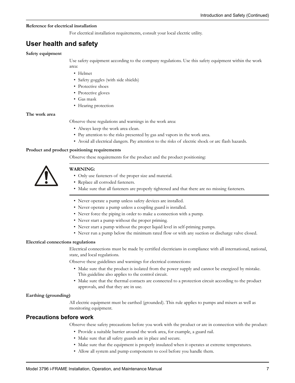 User health and safety, Precautions before work | Goulds Pumps 3796 i-FRAME - IOM User Manual | Page 9 / 134