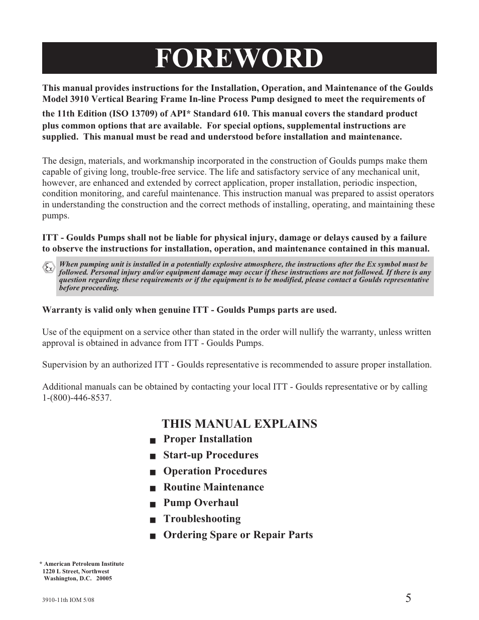 Foreword, This manual explains | Goulds Pumps 3910 11th ed. - IOM User Manual | Page 2 / 80