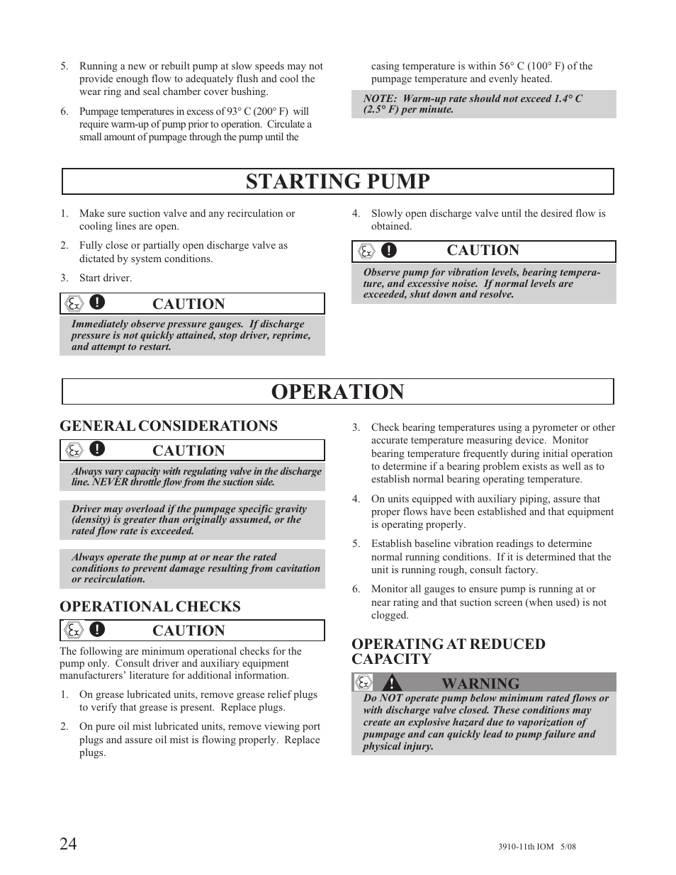 Starting pump, Operation | Goulds Pumps 3910 11th ed. - IOM User Manual | Page 24 / 80