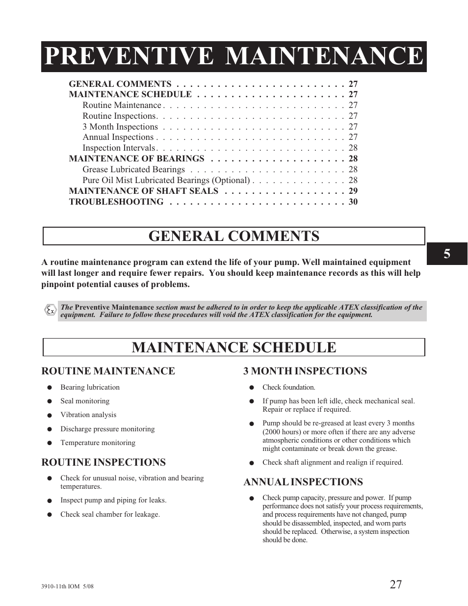Preventive maintenance, General comments, Maintenance schedule | Goulds Pumps 3910 11th ed. - IOM User Manual | Page 27 / 80