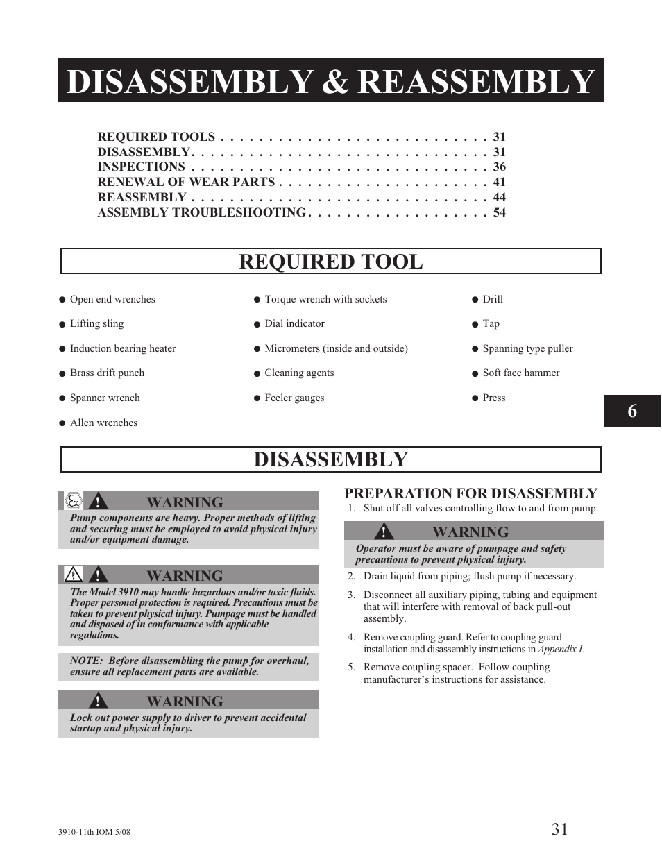 Disassembly & reassembly, Required tool disassembly s | Goulds Pumps 3910 11th ed. - IOM User Manual | Page 31 / 80