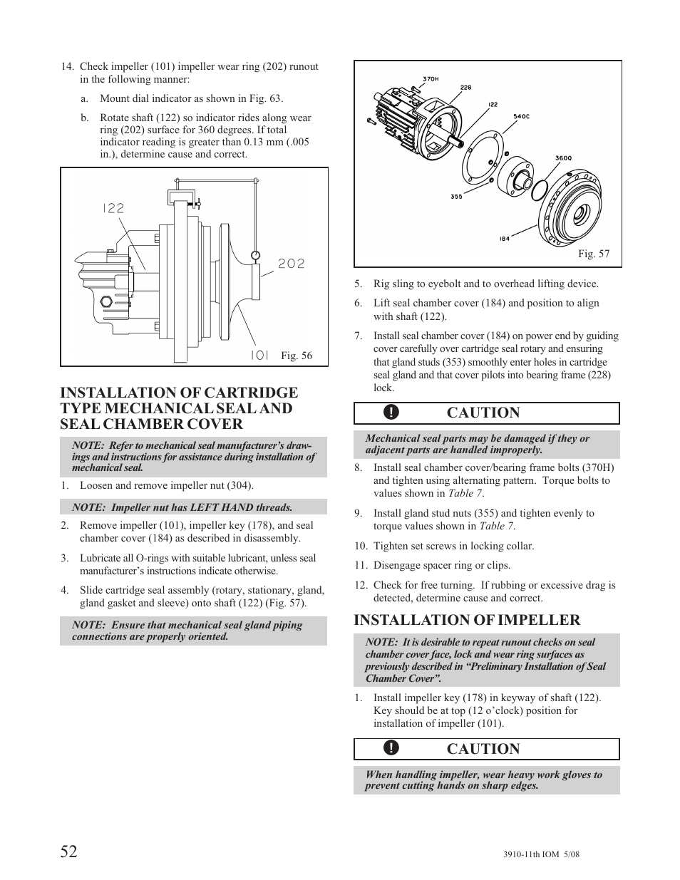 Caution, Installation of impeller | Goulds Pumps 3910 11th ed. - IOM User Manual | Page 52 / 80