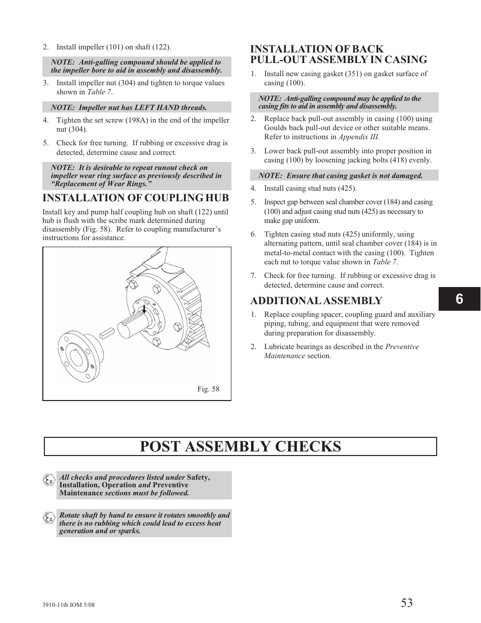 Post assembly checks, Installation of coupling hub, Installation of back pull-out assembly in casing | Additional assembly | Goulds Pumps 3910 11th ed. - IOM User Manual | Page 53 / 80