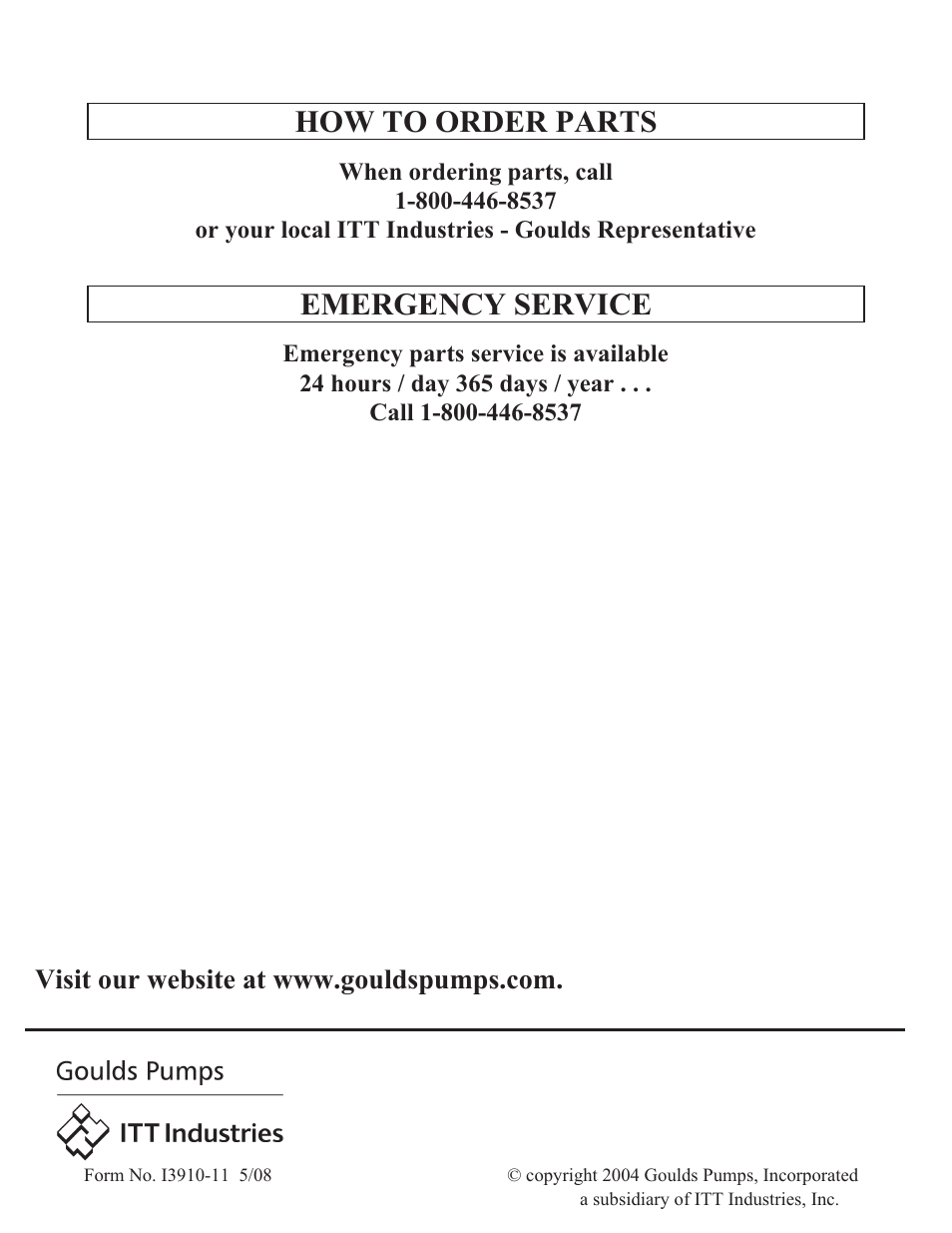How to order parts, Emergency service | Goulds Pumps 3910 11th ed. - IOM User Manual | Page 80 / 80