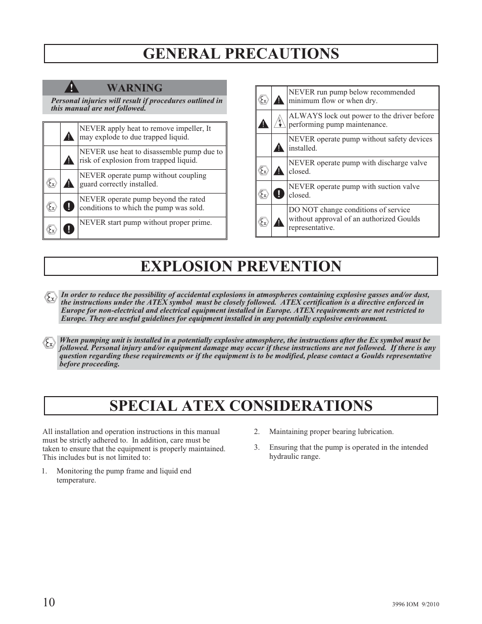 General precautions s, Explosion prevention, Special atex considerations | Goulds Pumps 3996 - IOM User Manual | Page 14 / 52