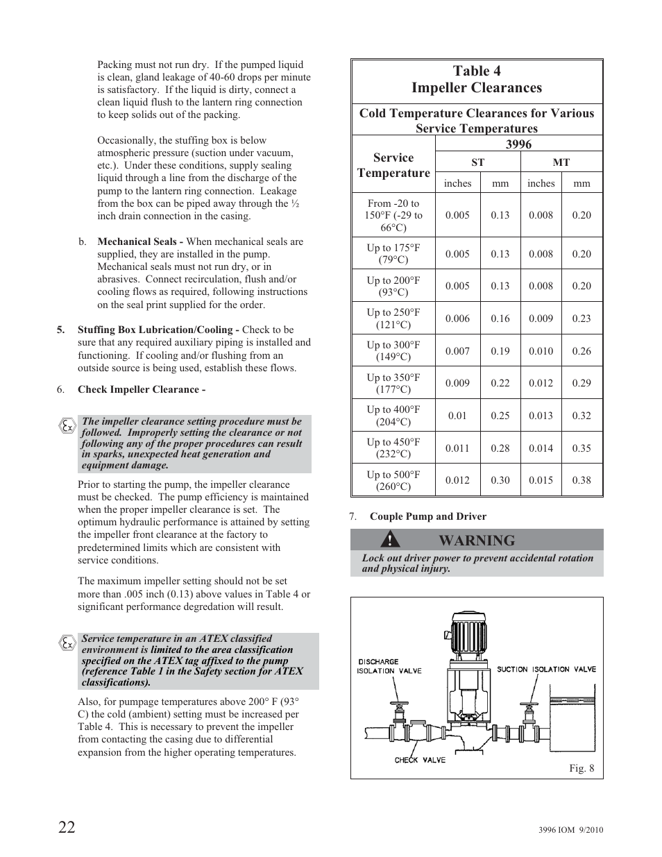 Table 4 impeller clearances, Warning | Goulds Pumps 3996 - IOM User Manual | Page 26 / 52