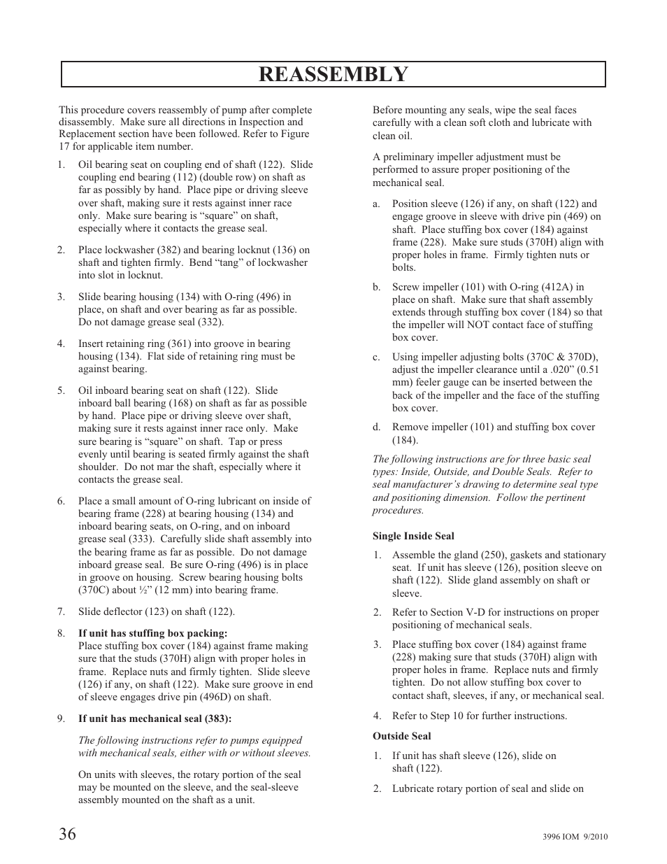 Reassembly | Goulds Pumps 3996 - IOM User Manual | Page 40 / 52