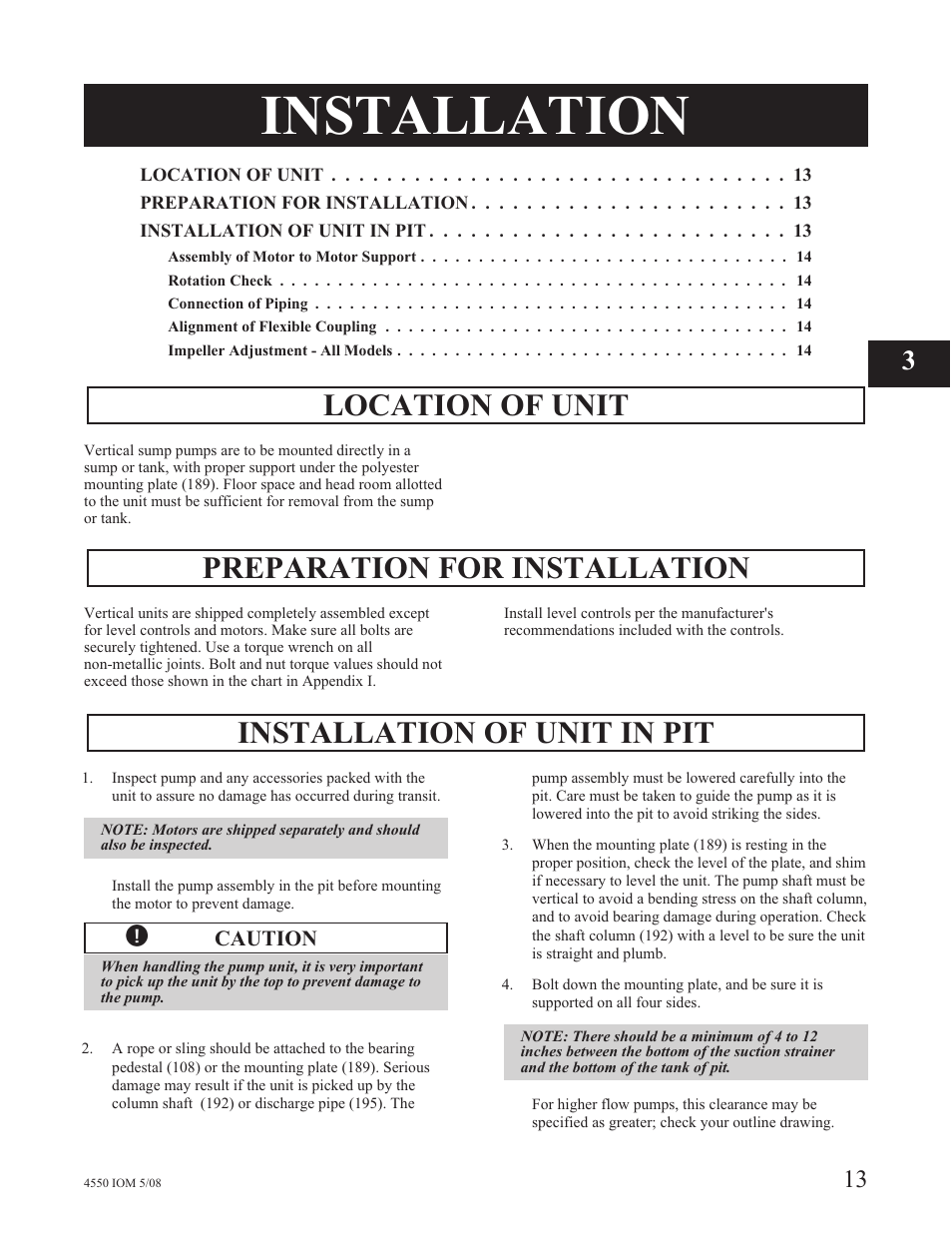 Installation, Location of unit, Preparation for installation | Installation of unit in pit | Goulds Pumps 4550 - IOM User Manual | Page 17 / 36