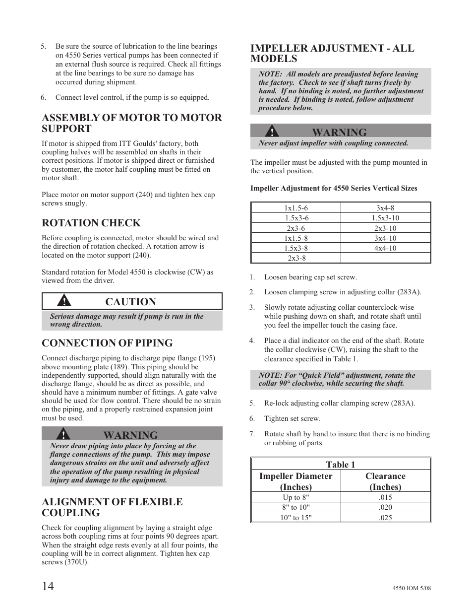 Assembly of motor to motor support, Rotation check, Caution | Connection of piping, Warning, Alignment of flexible coupling, Impeller adjustment - all models | Goulds Pumps 4550 - IOM User Manual | Page 18 / 36