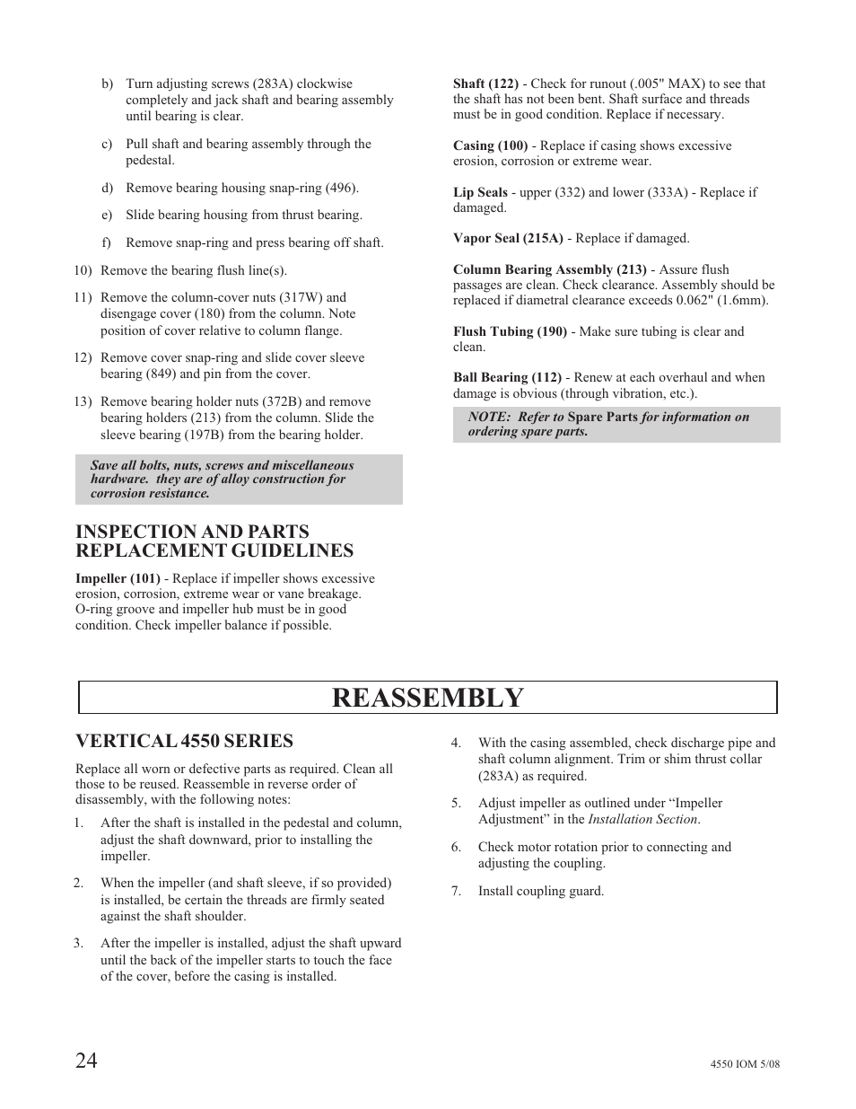 Reassembly, Inspection and parts replacement guidelines, Vertical 4550 series | Goulds Pumps 4550 - IOM User Manual | Page 28 / 36