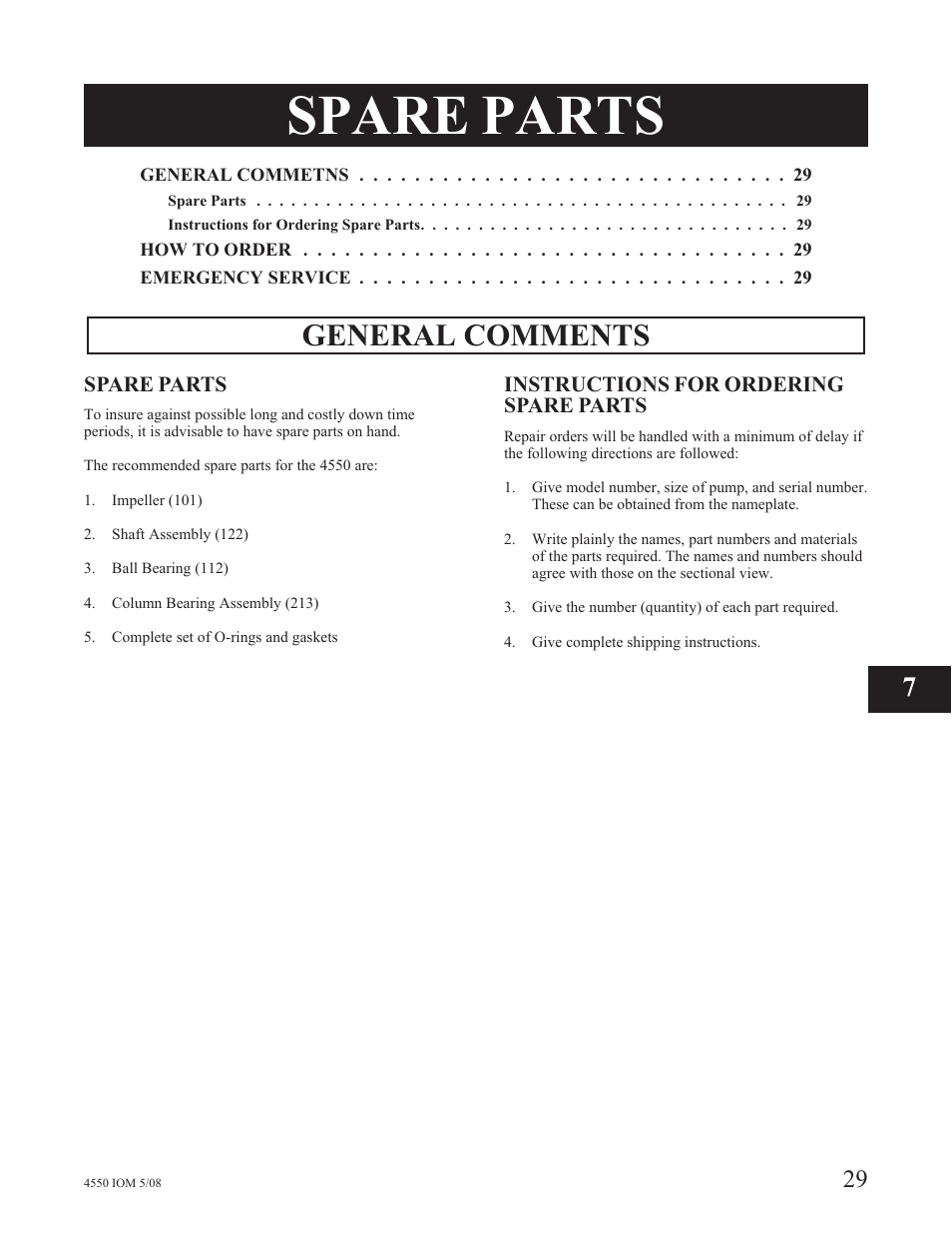 Spare parts, General comments | Goulds Pumps 4550 - IOM User Manual | Page 33 / 36